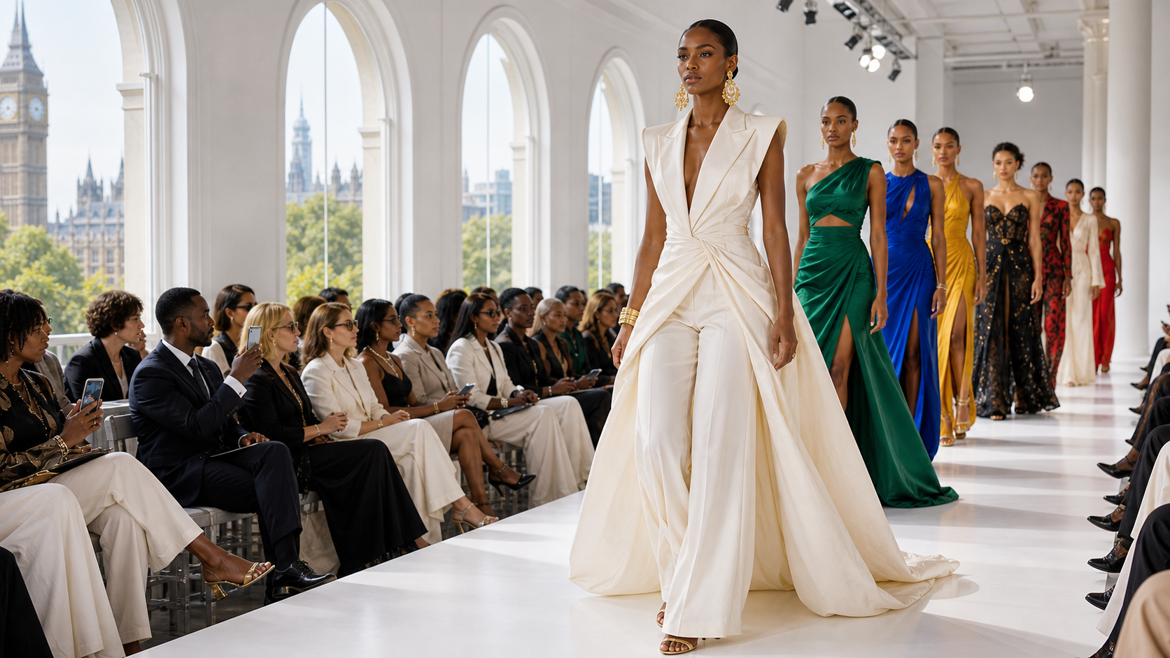 Jamrock Fashion Week London bright white runway with Caribbean couture